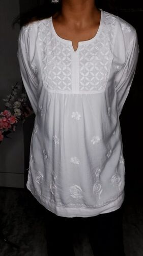 Comfortable Designer White Chiken Kurti For Ladies With Embroidered Work