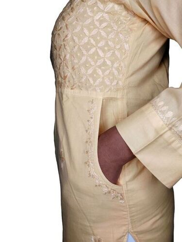 Skin Friendly Casual Wear Cream Color Embroidered Chiken Kurti