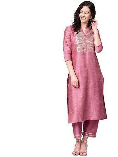 Casual Wear 3/4th Sleeve Regular Fit V-neck Silk Kurti For Ladies