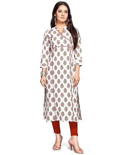 Casual Wear 3/4th Sleeve V-neck Regular Fit Printed Cotton Kurti For Ladies