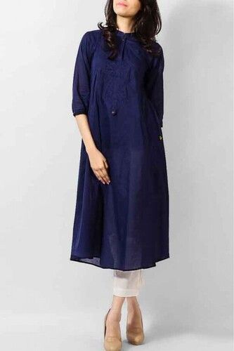 Ladies 3/4th Sleeves Plain Cotton Kurti For Casual Wear