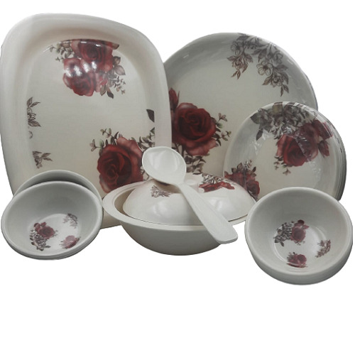 White With Red Flowers Beautiful Round Print Dinner Set