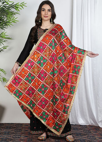 Red Embroidered Chiffon Phulkari Dupatta For Festival And Wedding Wear