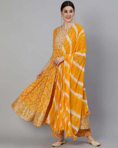 Indian Full Sleeves Yellow Cotton Silk Printed Anarkali Ladies Fancy Suit Decoration Material: Cloths