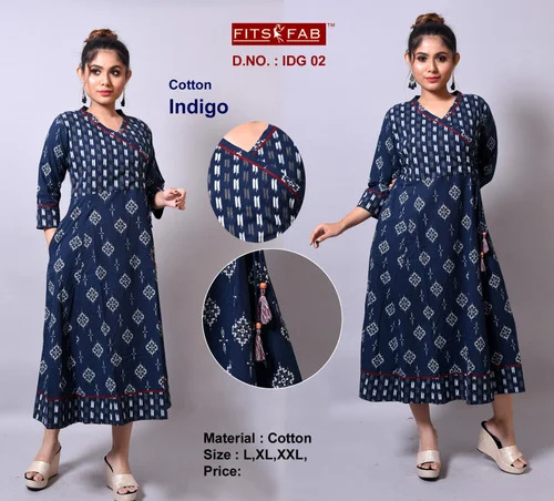 Ladies 3/4th Sleeves Printed Cotton Indigo Kurti For Casual Wear