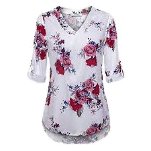 Ladies V Neck 3-4 Th Sleeve White And Red Daily Wear Printed Tops