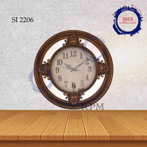 Brown Round Shape Golden Plastic Wall Clock With Analog Display