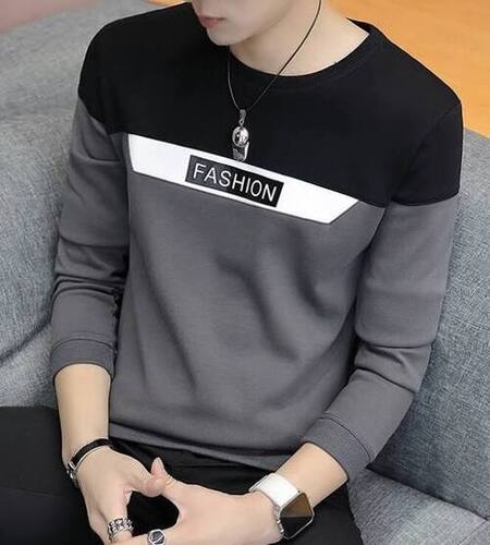 Casual Wear Men Full Sleeve Grey Black Round Neck Cotton T Shirt