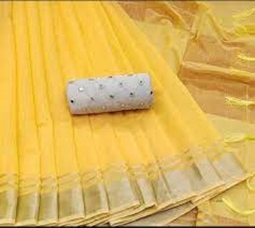 Casual Cotton Made Plain Yellow Saree For Women