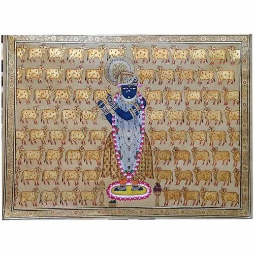 Gold Colour Pichwai Painting Of "Shreenathji" With Beautiful Cows