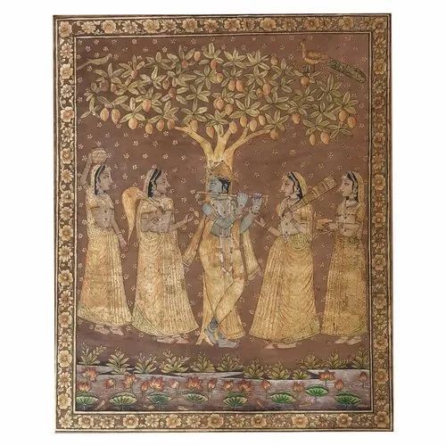 Golden Pichwai Painting Of Krishna With Her Bansuri