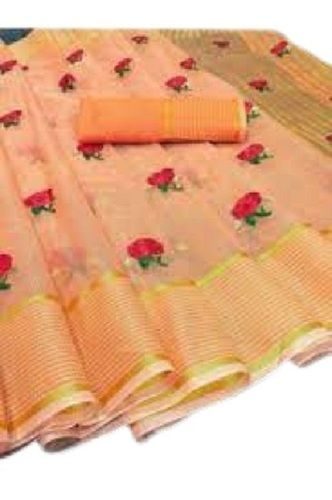 Summer Orange Embroidered Designer Art Silk Ladies Saree For Party And Festive Wear