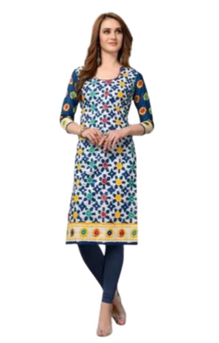 Casual Wear 3-4th Sleeves Round Neck Printed Cotton Kurti For Women