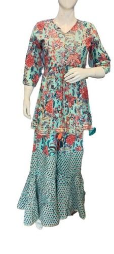 Indian Multi Color Printed 3-4Th Sleeve Washable Cotton Sharara Suits 