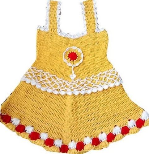 Yellow 18 Inch Length Sleeveless Woolen Crochet Kids Wear Frock For Girls