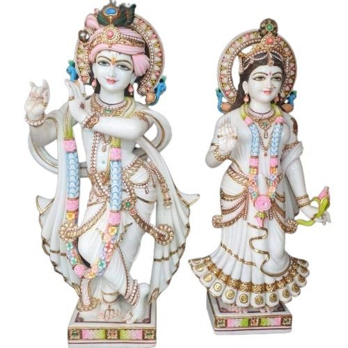 Easy To Clean 2 Feet Long Hand Made Painted Radha Krishna Marble Statue