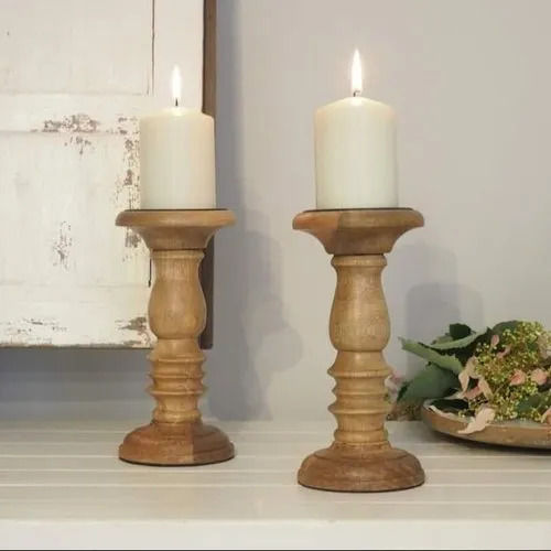 Natural Mango Wood Handmade Wooden Candle Holder Set Of 2 Piece