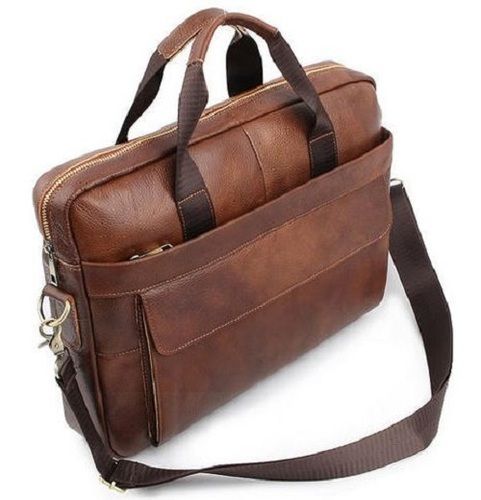 Brown Plain Handle Length Zipper Closure Leather Office Bag For Mens