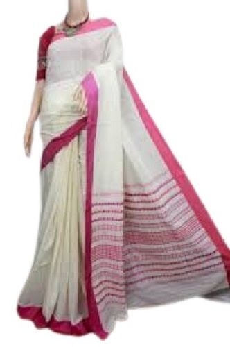 Plain White With Pink Casual Wear Highly Breathable And Washable Cotton Sarees For Ladies