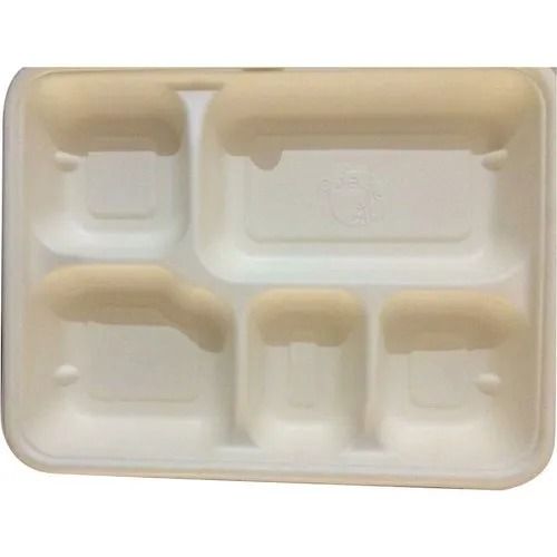 Off White Heat And Cold Resistant Disposable Plain Pattern Sugarcane Pulp Meal Tray