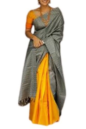 Summer Ladies Printed Grey With Yellow Cotton Silk Sarees For Special Occasions Weddings And Festivals