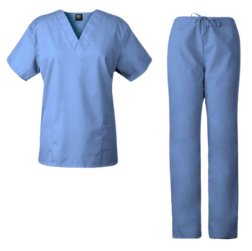 Blue Washable Short Sleeves And V Neck Plain Polyester Scrub Suit For Unisex