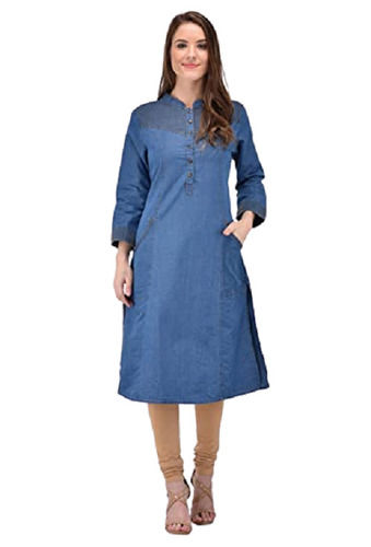 Long Sleeve Anti Wrinkle Simple Casual Wear Denim Kurti For Ladies  Bust Size: 32 Inch (In)