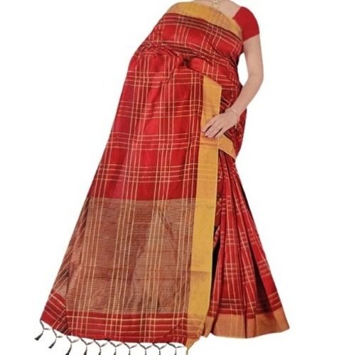 Red And Yellow Bollywood Casual Wear Checked Cotton Silk Sarees With Blouse