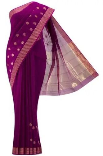 Pink Casual Wear Thread Work Plain Chanderi Saree With Blouse For Women