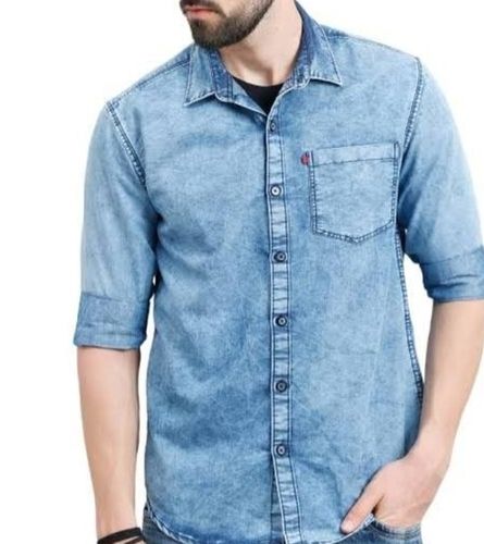 Men Full Sleeves Plain Denim Shirt For Casual Wear