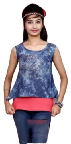 Blue And Peach Round Neck Casual Wear Sleeveless Printed Polyester Top For Girls