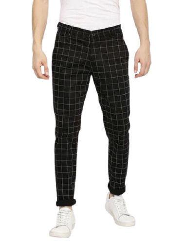 Black Slim Fit Button Closure Checked Printed Cotton Trouser For Mens 