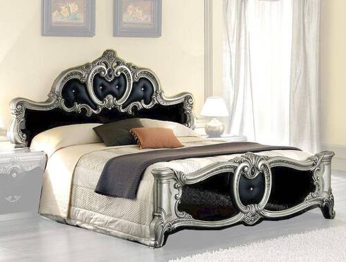 Carving Classic Victorian Luxury Glossy Black Silver Wooden Queen Bed