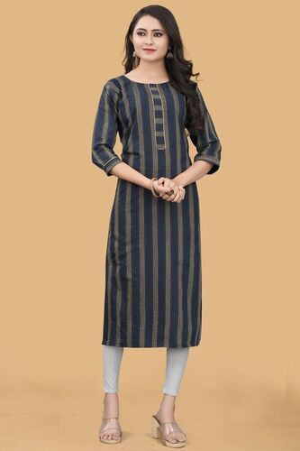 Designer Ladies 3/4Th Sleeves Blue Cotton Silk Jacquard Kurtis Length: 44 Inch (In)