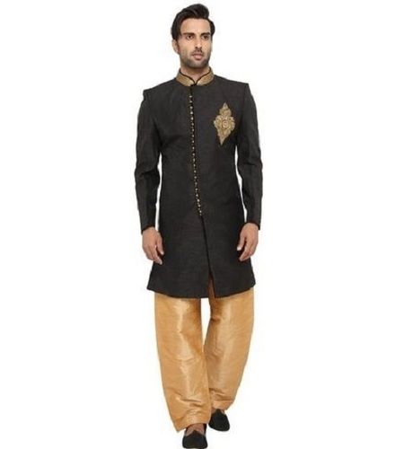 Golden And Black Full Sleeves Plain Polyester Indo Western Sherwani For Mens