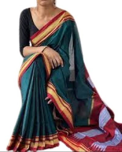 Green With Maroon Ladies Plain Traditional Wear Cotton Saree For Festivals