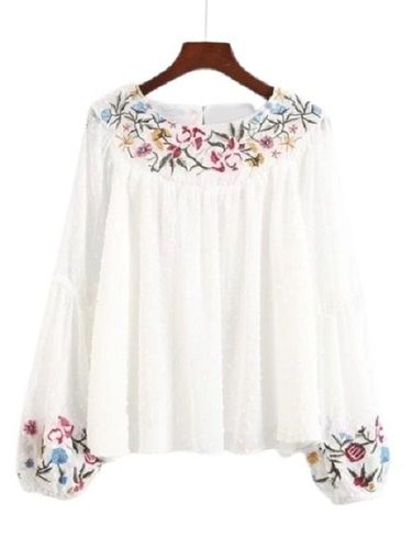 Ladies Printed Round Neck White Chiffon Tops For Casual And Day To