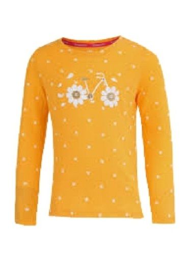 Yellow With White Ladies Printed Round Neck Long Sleeve Cotton T Shirt