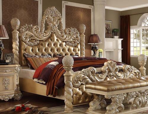 Carving Golden King Bed Traditional Homey Design