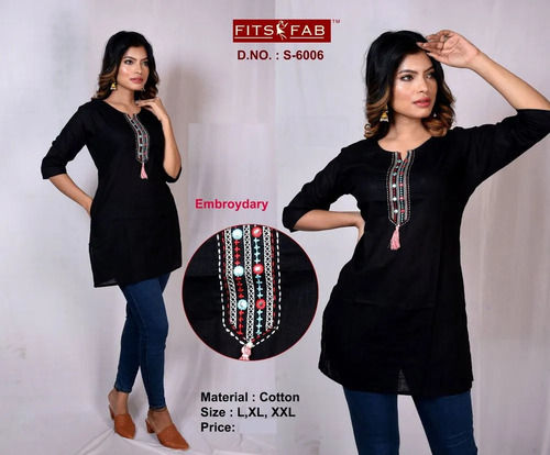 Casual Wear Ladies 3/4th Sleeve Round Neck Black Cotton Kurti