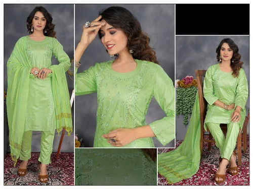 Casual Wear Ladies Semi-Stitched Cotton Silk Kurti Pajami Set With Dupatta Store Below 30A C