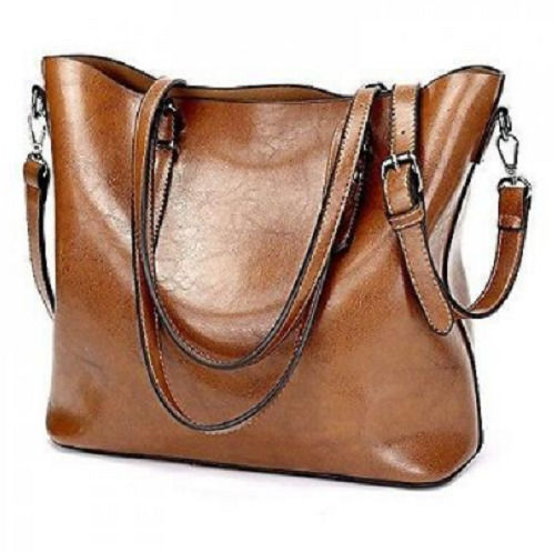 Brown Plain Rectangular Strap And Zipper Leather Shoulder Bag For Ladies