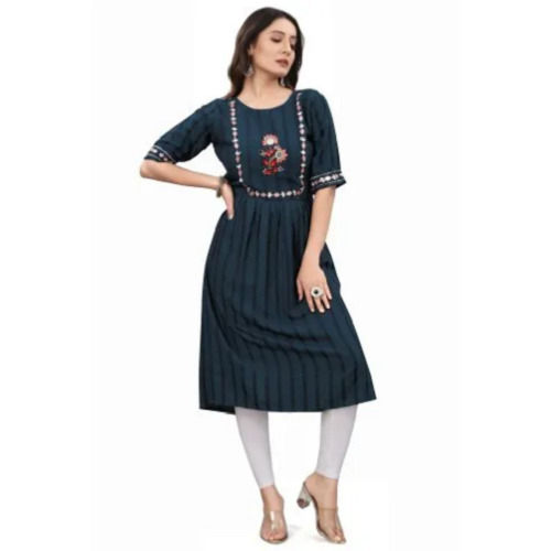 Short Sleeves And Party Wear Round Neck Rayon Ladies Kurtis