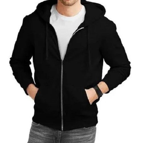 Black Full Sleeves Plain Cotton Zipper Closure Jacket For Mens