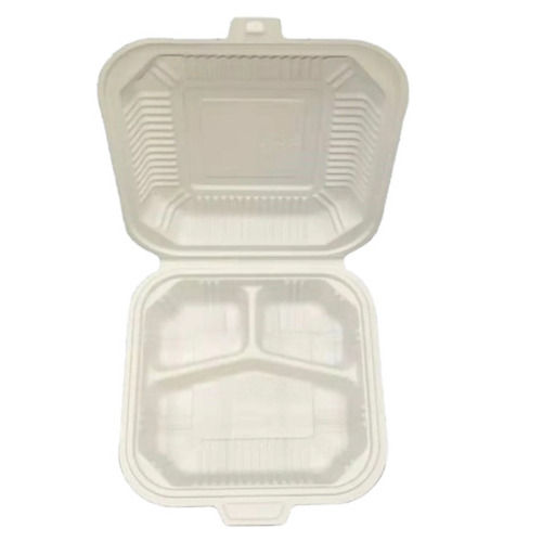 White 10X10 Inches Square Shaped Biodegradable Plastic Three Compartment Clamshell Box 