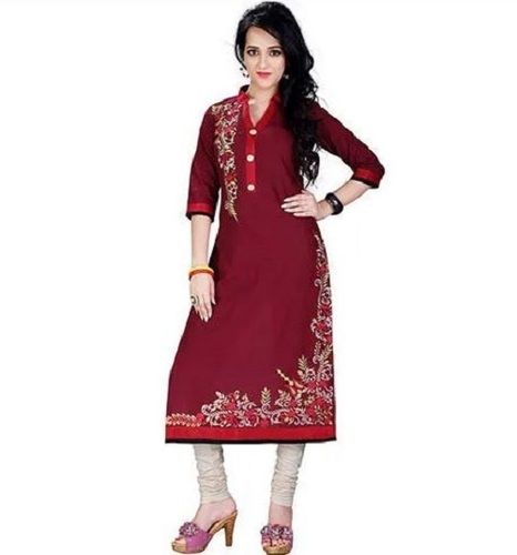 3 By 4 Sleeve Cotton Embroidered Kurti For Ladies Bust Size: 34 Inch (In)