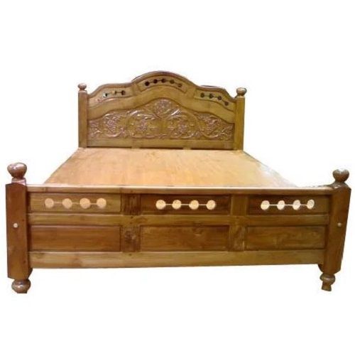 Machine Made 54 X 75 Inch Indian Style Teak Wood Finish Designer Wooden Bed