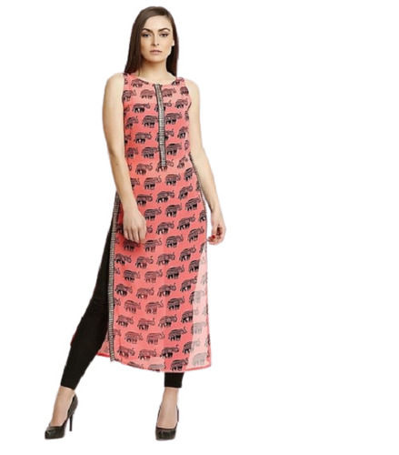 Daily Wear Modern Sleeveless Printed Georgette Long Kurti For Ladies