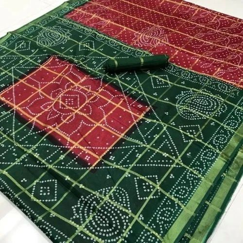 Multicolor Lustrous Smooth Printed Pattern Resam Embroidered Bandhani Style Silk Saree