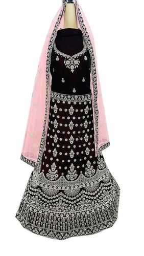 Short Sleeve Modern Indian Style Wedding Wear Embroidery Velvet Lehenga Choli